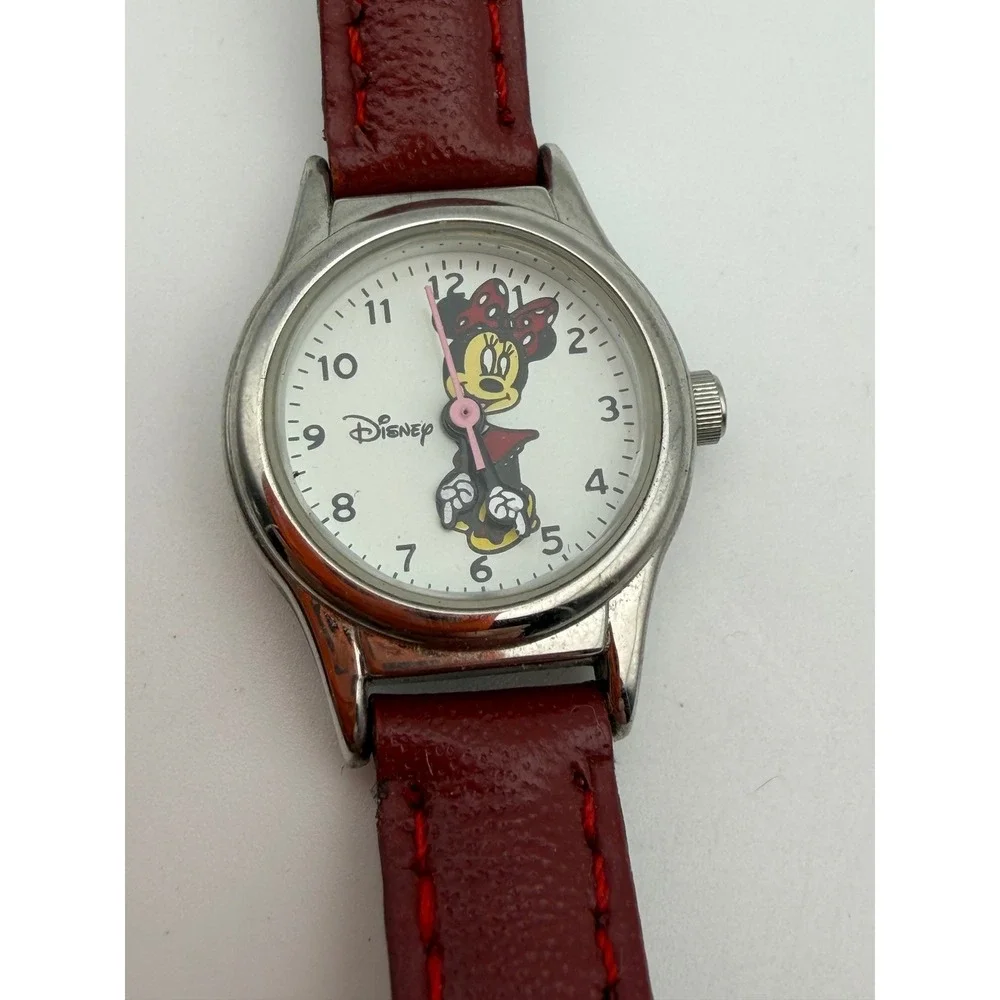 Disney Minnie Mouse Watch Red Leather Strap Silver Bezel MIN089 PC11 MZB